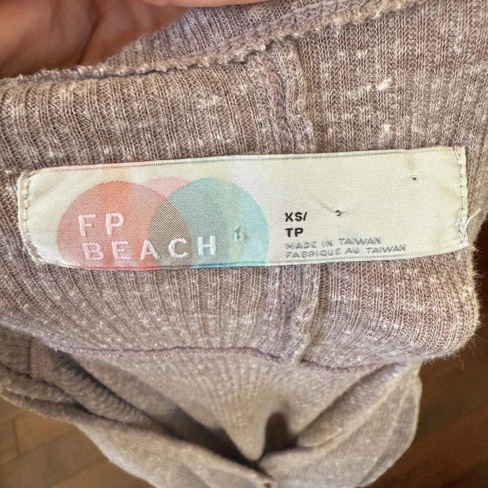 FP Beach Free People Long Cardigan XS Taupe Rib‎ Knit Pocket Duster Boho Lounge